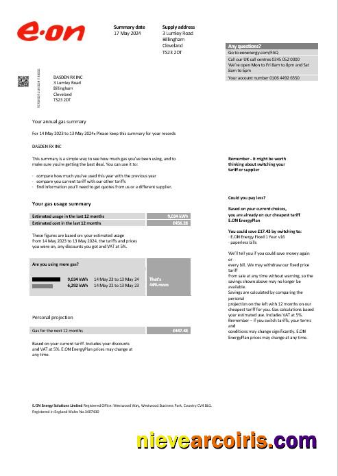 United Kingdom E.ON business utility bill, version 2